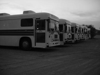 B&W photo at sunset bus 4 in the foreground