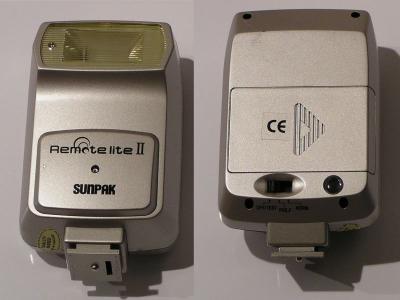 A Sunpak Remote Lite II slave flash (similar to a Nissin slave flash available in the USA). It has a guide number of 12, recycle time of 4s, covers a 35mm lens, temperature 5600K, two light adjustment levels based on its sensor: F2.8 or F5.6), uses 2xAA cells, gives about 200 flashes before the batteries run out, and comes with a camera bracket. It is compatible with digital cameras that pre-flash.

By Gordon Huddy