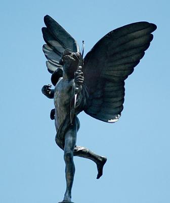 Close up of the Angel of Christian Charity (Eros) in Piccadilly Circus