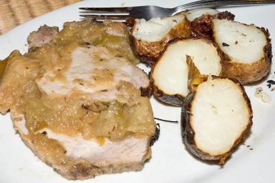 roast pork loin and apples, pan roasted potatoes