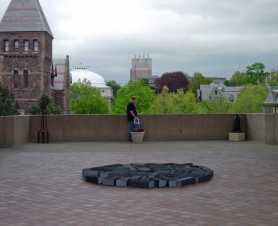 The sculpture court at Cornell's Johnson Museum of Art. In the foreground is a slate circle by Richard Long.