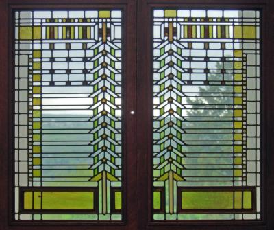 Art glass window by Frank Lloyd Wright from the Martin House, at the Johnson.