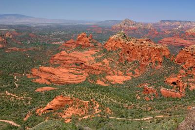 Schnebly Hill Road winds up to the Mongollon Rim with Sedona in the valley beyond.