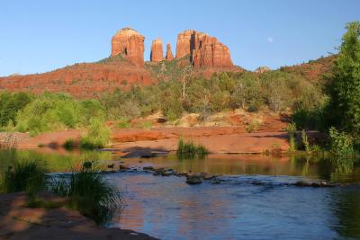 The view of Cathedral Ledge from Red Rock Crossing and Oak Creek in Sedona, Arizona.