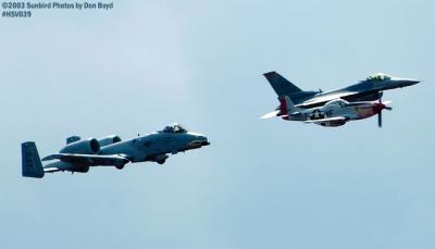 Heritage Flight of Humberto Lobo's P-51 Shangri-La XB-HVL, USAF A-10A AF81-964 and USAF F-16 AF98-003 stock photo #3724