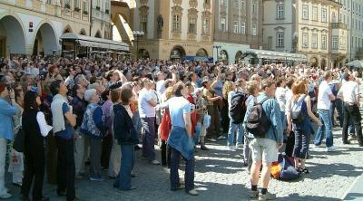 Crowds gather on the hour to watch the Town Hall clock