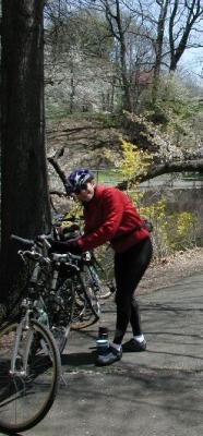 Carolyn, her smile reflecting the mood of the day, preps her bike for the return trip to Manhattan via the Newark PATH train.