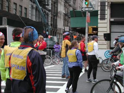 Knowing nothing of fear, Captain Hannah Borgeson's Start Line Franklin Marshal Team faces down the crowd of 30,000 bicycle riders at the starting line of BIKE NEW YORK, 2003!