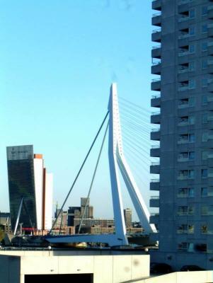 Erasmus bridge, crossing the river Maas. Leaning building is the KPN office.
Part of this view will be gone in, say, two years as a new building will be built on this location
