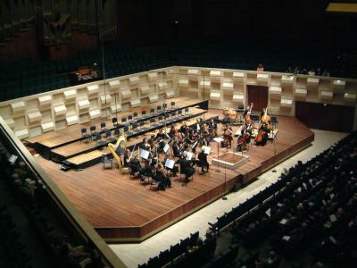 Stage of main hall Rotterdam Doelen, with the Holland Symfonia orchestra, waiting for the BBC singers and conductor Stephen Cleobury