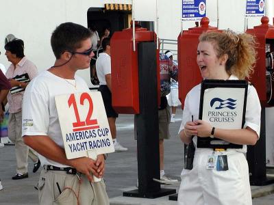 Excursion guide gathers the crew at the dock.