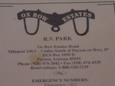 Ox Bow Estates R V park north of Rye Arizona overnighters welcome
