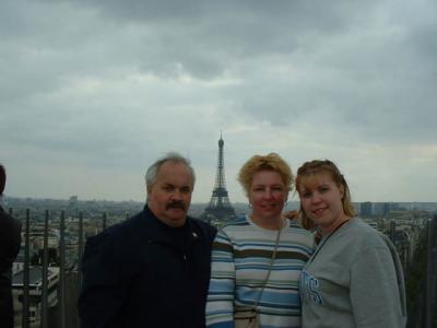 Rolly, Sue and Nicki on the Arc de Triomphe w/ Eiffel Tower in the background