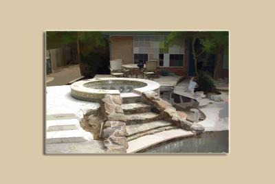spa, water feature, deck (patterned concrete & stone)