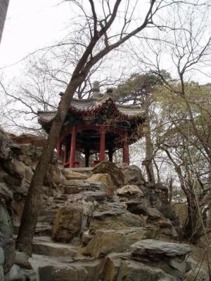 Pavilion on a man-made hill.