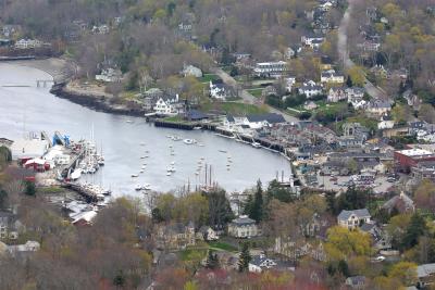 The view of the village of Camden from the summit of Mt. Battie overlooking Penobscott Bay in Maine.
