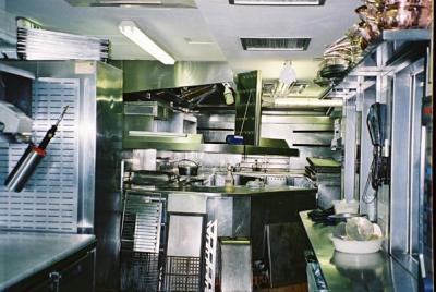 On the right of this photo are 3 lifts that send the food up into the restaurant and straight on is the very tiny hot kitchen.