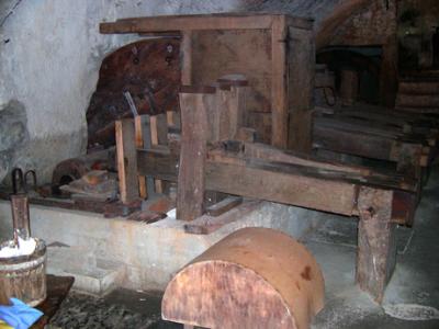 14th cent. machines to pulverize rags. Driven by power (small waterfall) from Canneto River, using a water wheel seen here.