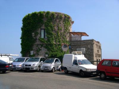 Torre San Francesco, across from hotel entrance, overlooking Tyrrhenean Sea. Mirror is for cars to see around the bend.