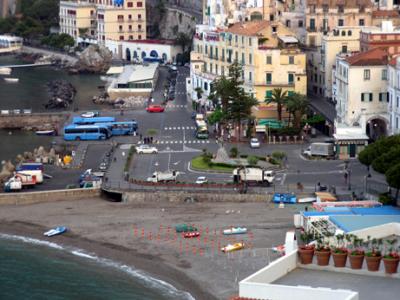 Piazza Flavio Gioia and the beach in Amalfi as seen from our patio. Telephoto setting.