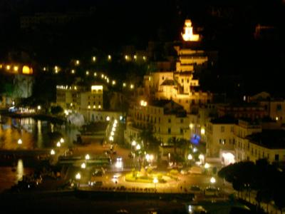 A closer view of Piazza Flavio Gioia at night from the patio of our hotel room (telephoto setting).