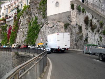 Tight squeeze for the drivers on the road to our hotel - typical of the roads on the Amalfi Coast.