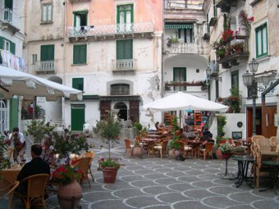 Piazza Umberto I - main square of Atrani. Attractive town with few tourists. Shares Amalfi's history.