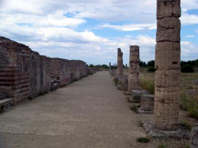 Southern portico of Forum (Roman 3rd century): Structures on the left were shops. Columns on right supported roof.