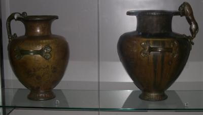 Greek bronze vases from the Underground Shrine (520-510 b.c.). Sealed with wax and had soft honey inside when found in 1954.