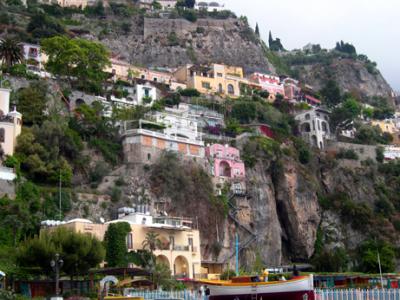 View of Positano from the beach. There is no main square in Positano. The beach seems to be the center of town.