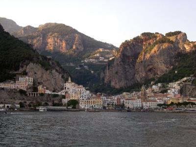 Ravello (from the 9th century) sits above Amalfi on the Amalfi Coast, as shown here in this view from a boat.