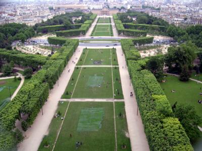 Le Champ de Mars from the Eiffel Tower: Park was parade ground for France's Military Academy - 18th c. building  in background.