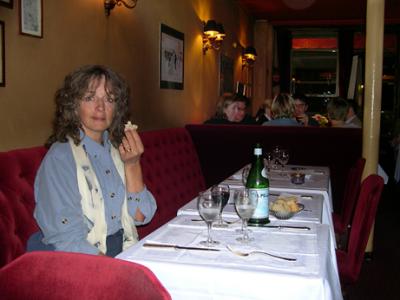 Judy having dinner at L'Auberge du Champ de Mars.