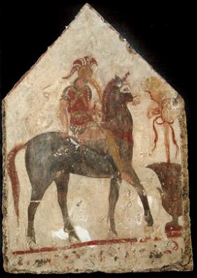Black Horseman: From a Lucanian tomb (4th c. b.c.). Passing to the hereafter - sad, tired, alone & absorbed in thought.