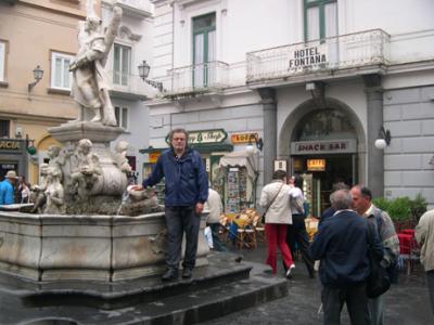 Richard at Fountain of St. Andrew (1760) on Piazza Duomo. St. Andrew: fishermen saint and joint patron saint of the Amalfi Coast