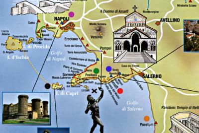 Map: Amalfi Coast (X), Circles: Amalfi (red), Capri (black), Naples (purple), Paestum (orange), Positano (green), Ravello (blue)