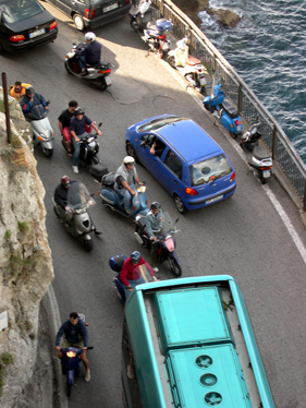 Road in front of our hotel. Traffic often chaotic on the Amalfi Coast. Telephoto setting from patio.
