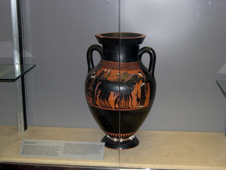 Greek ceramic vase from the, Underground Shrine (520-510 b.c). Heracles arriving in Olympus -  welcomed as a god among gods.