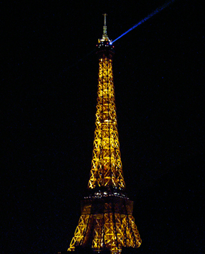 The Eiffel Tower at night as seen from our hotel room.