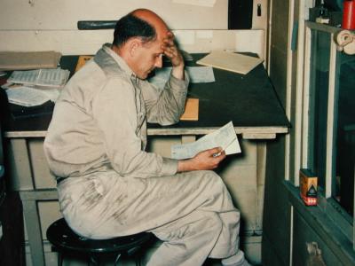 Dad in his Khaki work clothes  & steel-toed boots - He was still welding in those early days.