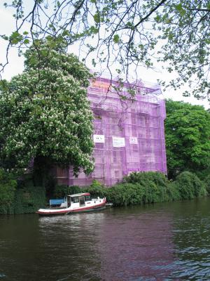 The lilac colour is protective netting used during refurbishment.