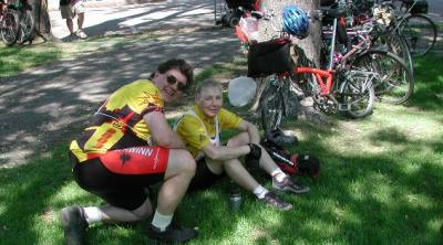 Trudy Hutter and your humble gallery owner enjoy the shade as we wait for the last of the group to cross the finish line