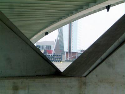 Under side of Erasmus Bridge (steel deck framing, concrete columns)