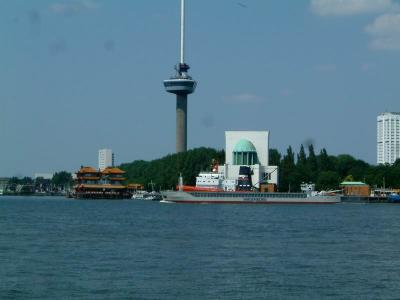 View of the ventilation building of Maastunnel. Next to it is Euromast