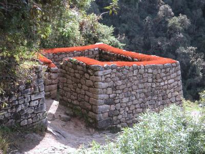 Red moss topped Inca building