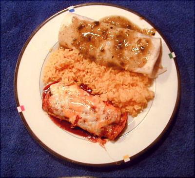 Beef enchilada, yellow rice and green chile pork burrito.