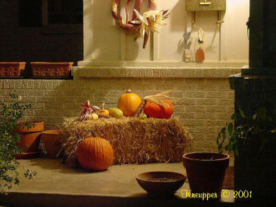Sheryl's front porch fall decorations, Halloween night.