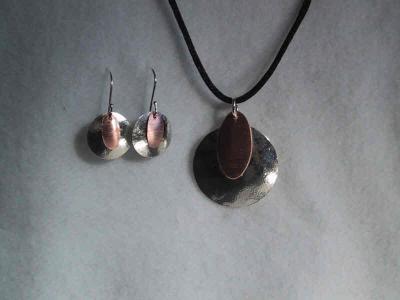 Hammered and polished sivler & copper pendant & earring set. SOLD