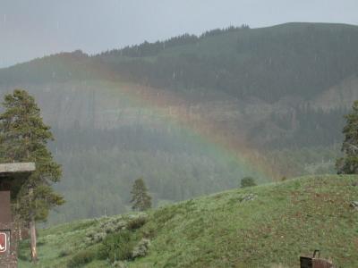 The ultimate rainbow during some light June snow, hitching post turnout.