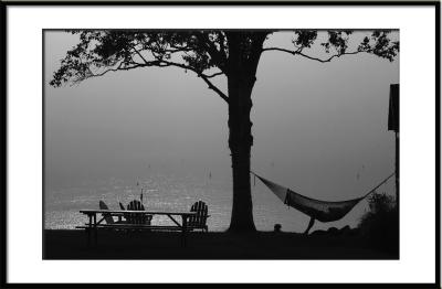 ....in the fog. (Desaturated) (Hammock, leisure, Maine)